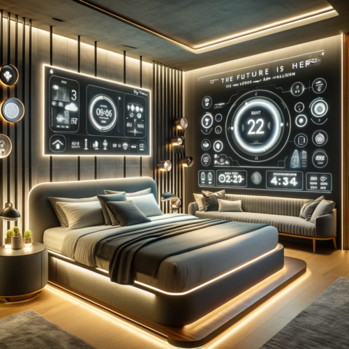 A stylish, high-tech bedroom equipped with Ryan Cool Air's smart home technology, including a smart bed and digital controls.