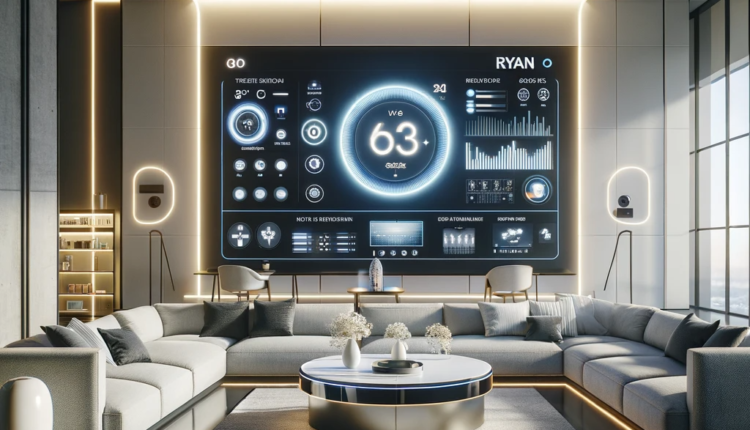 A modern, sleek living room featuring Ryan Cool Air's smart home technology, with a digital display for home automation.