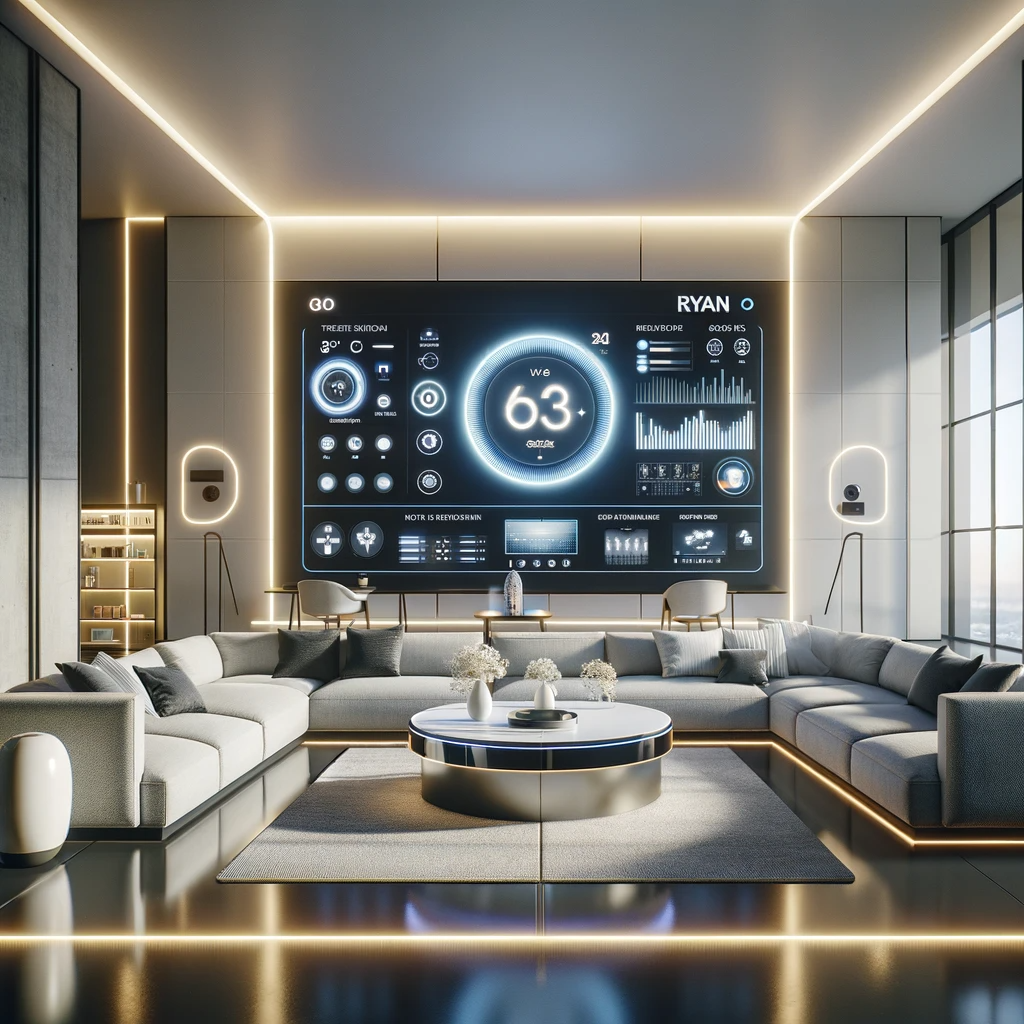 A modern, sleek living room featuring Ryan Cool Air's smart home technology, with a digital display for home automation.