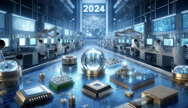 Compound semiconductor technology advancements in 2024 featuring GaN power electronics, InP photonic integrated circuits, and AlGaN UV-C LEDs in a high-tech lab.